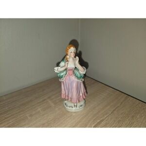 Vintage Occupied Japan Hand Painted Porcelain Colonial Lady Figurine Pink Green